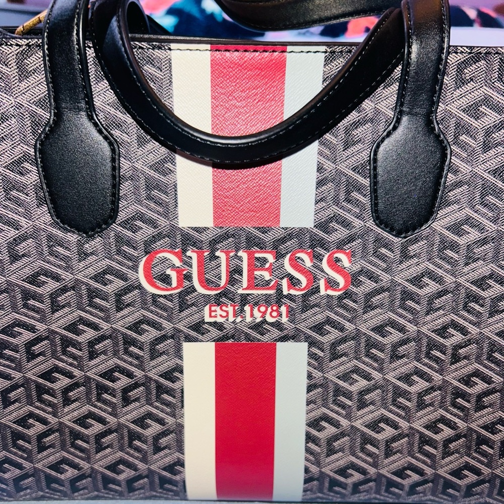 Guess Top Handle Satchel Logo Stripe Crossbody Bag